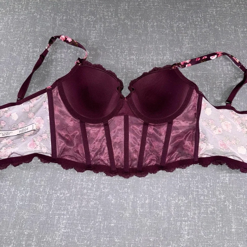 Victorias Secret Dream Angels Bustier Womens 32C Red Floral Satin Boned Demi